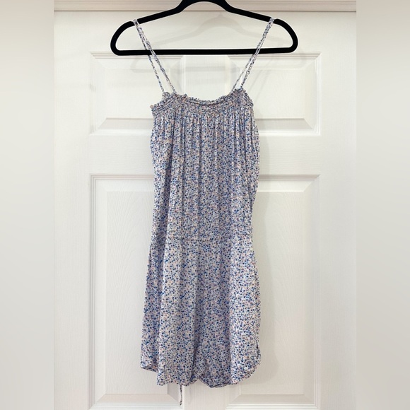 H&M Floral Tie Waist Romper Smocked Top Button Front Blue - Picture 6 of 7